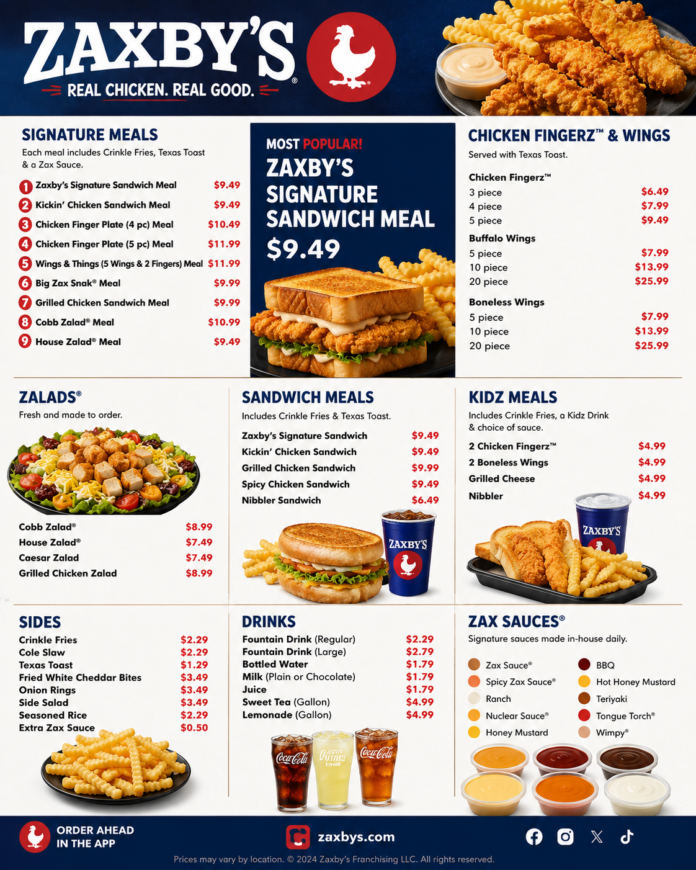 Zaxby Menu with Prices